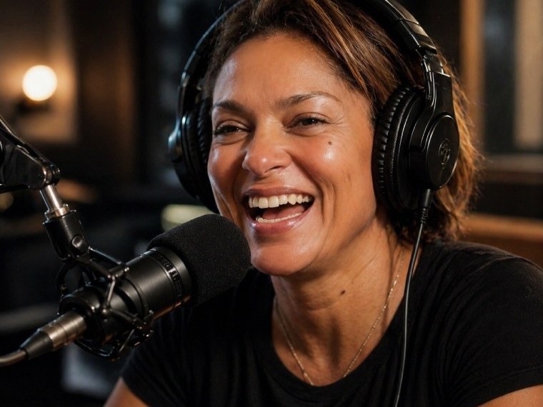 A creator laughing mid-recording, wearing headphones at a studio microphone.